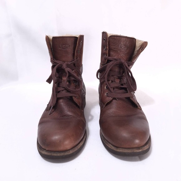 Ugg Larus Grizzly Leather Boots Shearling Lined Combat Boots Men 7.5/‎ Women 9 - Picture 3 of 12